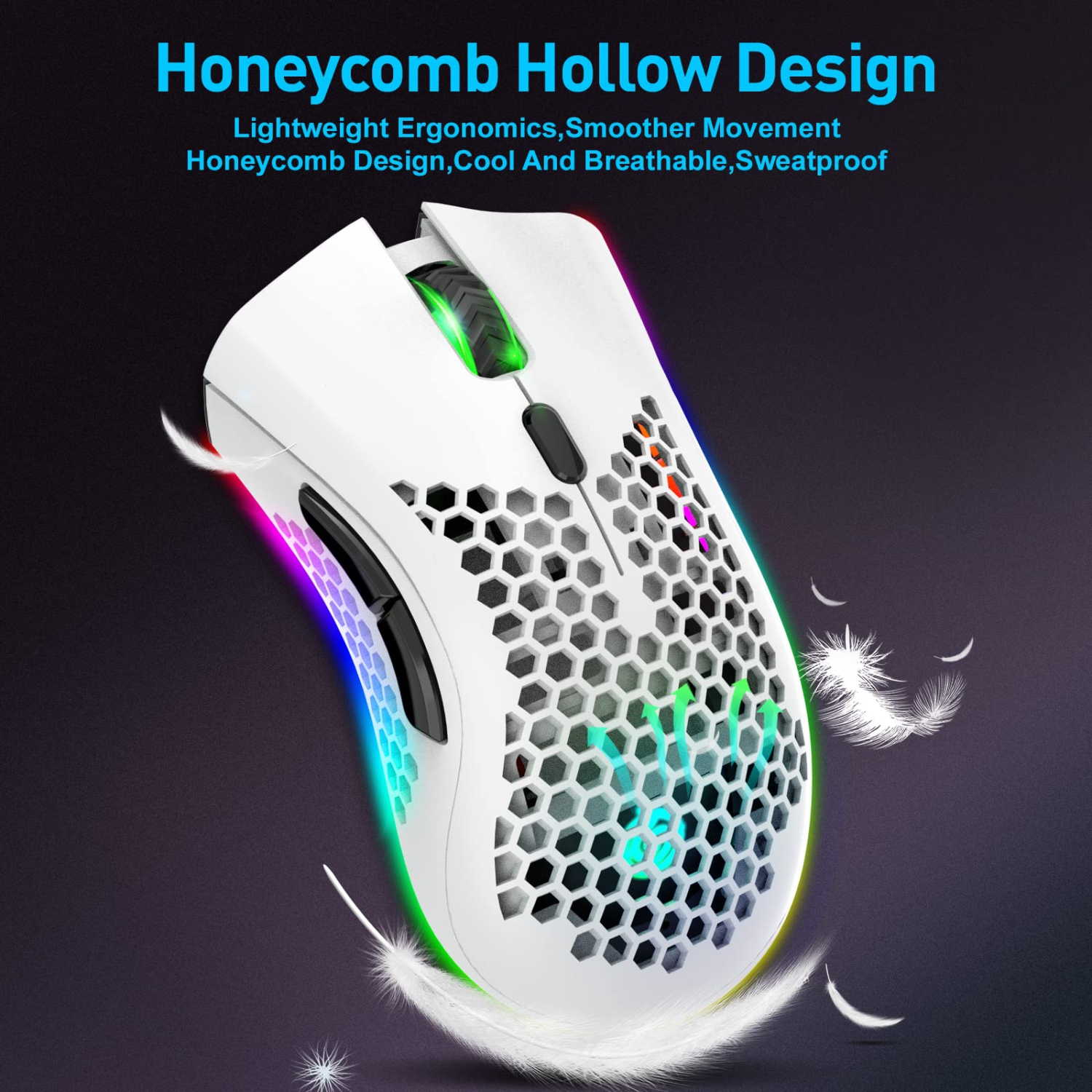 Wireless Lightweight Gaming Mouse, Ultralight Honeycomb Mice with RGB Backlit, Adjustable DPI, Bluetooth 2.4G Wireless Recha