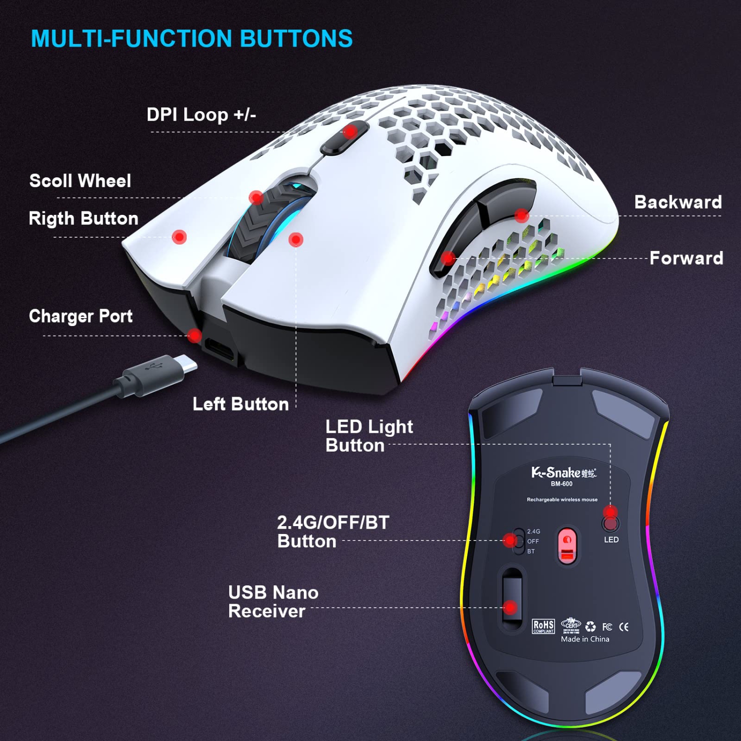 Wireless Lightweight Gaming Mouse, Ultralight Honeycomb Mice with RGB Backlit, Adjustable DPI, Bluetooth 2.4G Wireless Recha