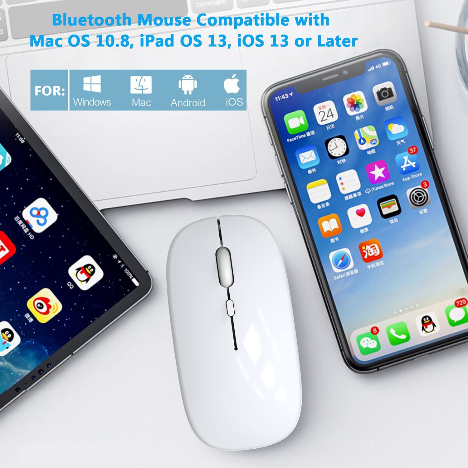 2.4G Computer Wireless Mouse, Bluetooth Mouse, Portable Silent Rechargeable Cordless Mice 3 Adjustable DPI for Laptop Deskto