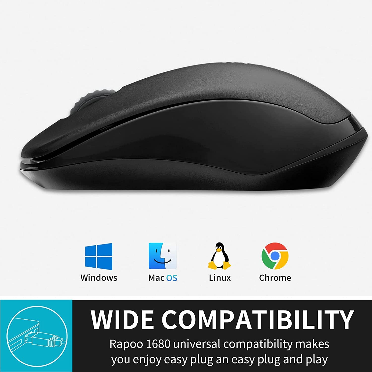 RAPOO 1680 2.4G Quiet Wireless Mouse, Portable USB Receiver, Long Range and Battery Life, Suitable for Desktop Computers Lap