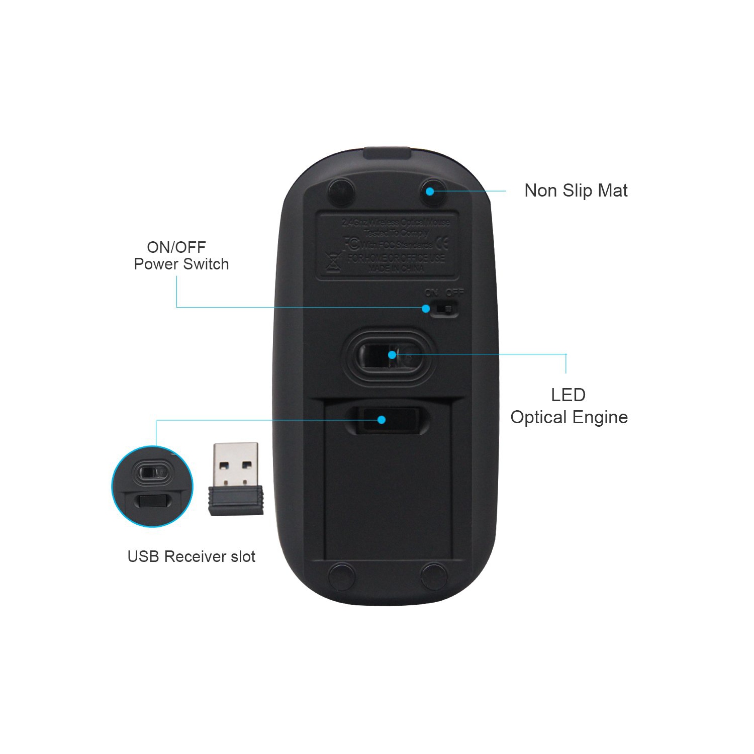 Rechargeable 2.4G Slim Wireless Mouse - Tsmine Optical Mice with USB Nano Receiver(Stored Within The Back of The Mouse) for