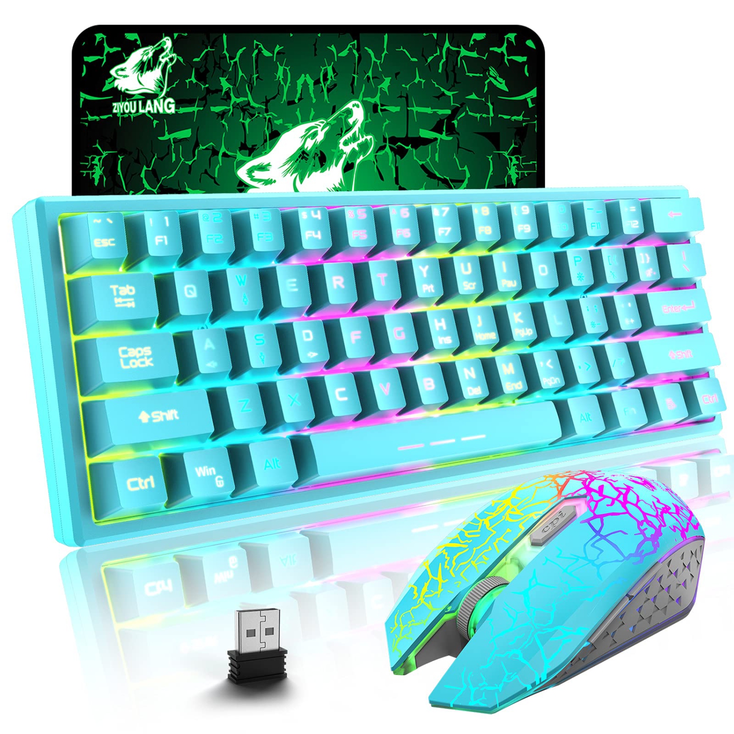60% Wireless Gaming Keyboard and Mouse Combo with Ergonomic 61 Key Rainbow LED Backlight Anti-ghosting Mechanical Feel Recha