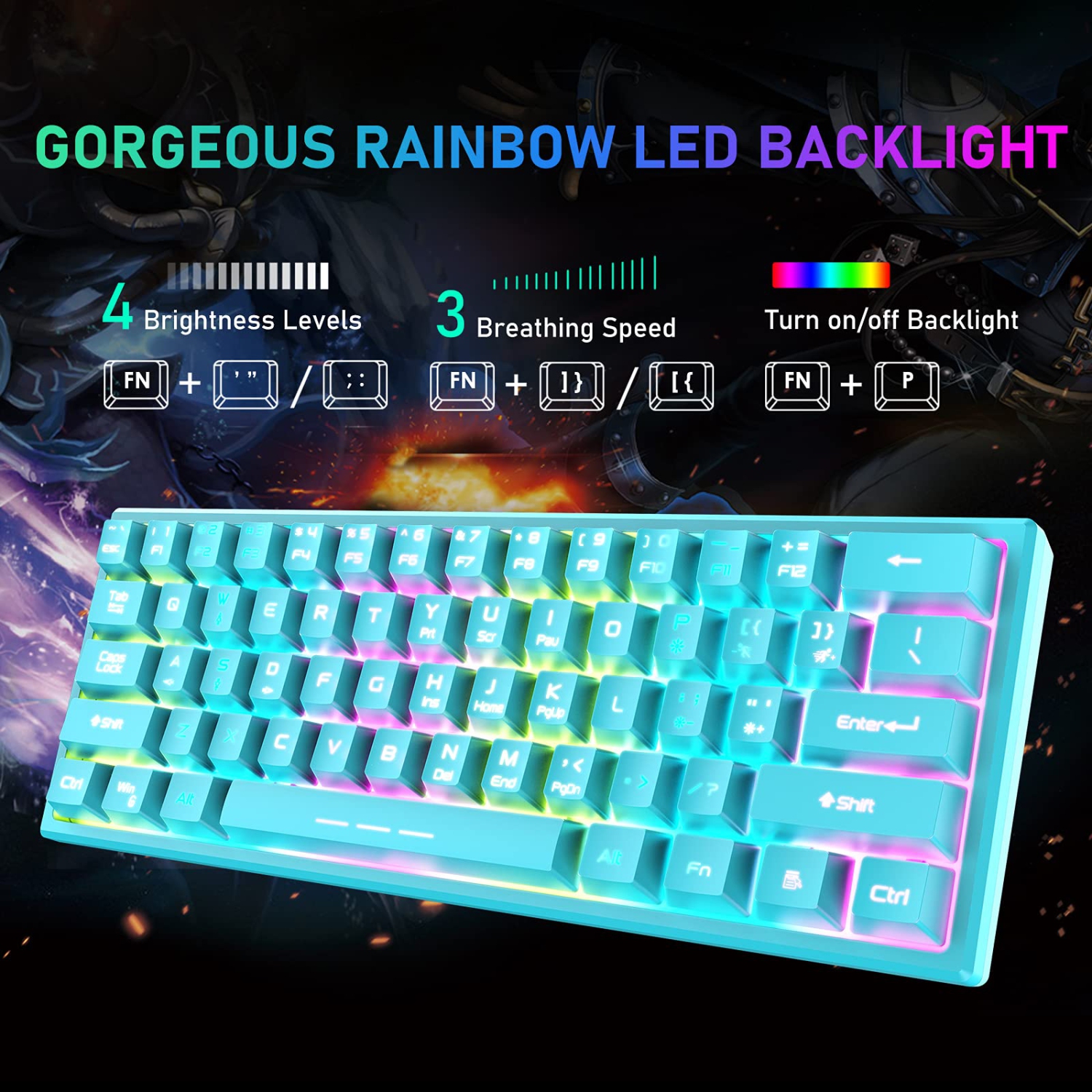 60% Wireless Gaming Keyboard and Mouse Combo with Ergonomic 61 Key Rainbow LED Backlight Anti-ghosting Mechanical Feel Recha