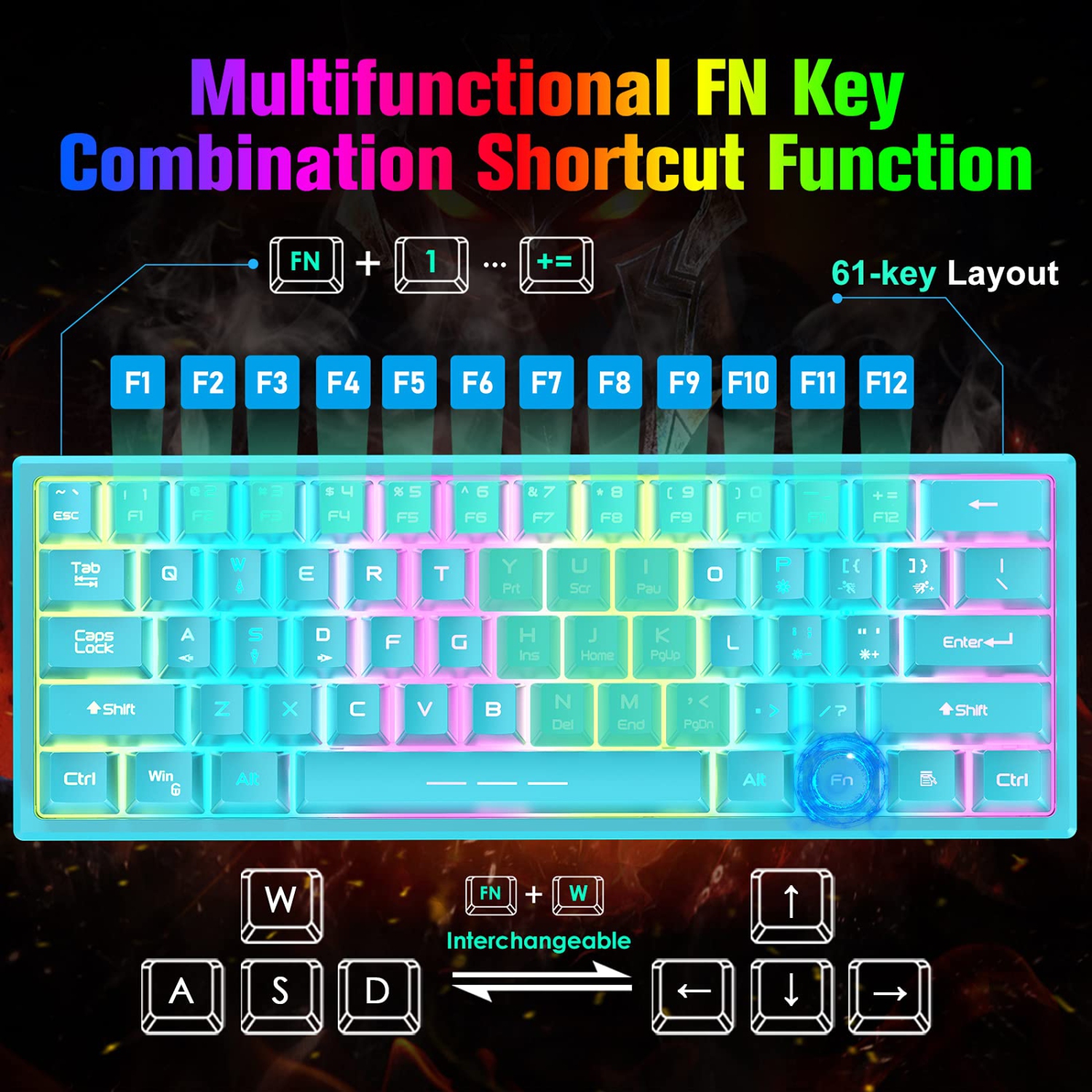 60% Wireless Gaming Keyboard and Mouse Combo with Ergonomic 61 Key Rainbow LED Backlight Anti-ghosting Mechanical Feel Recha