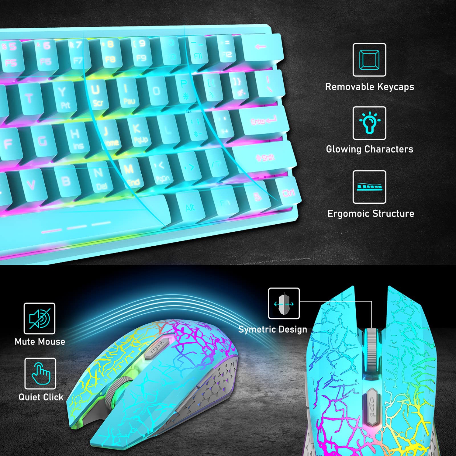 60% Wireless Gaming Keyboard and Mouse Combo with Ergonomic 61 Key Rainbow LED Backlight Anti-ghosting Mechanical Feel Recha
