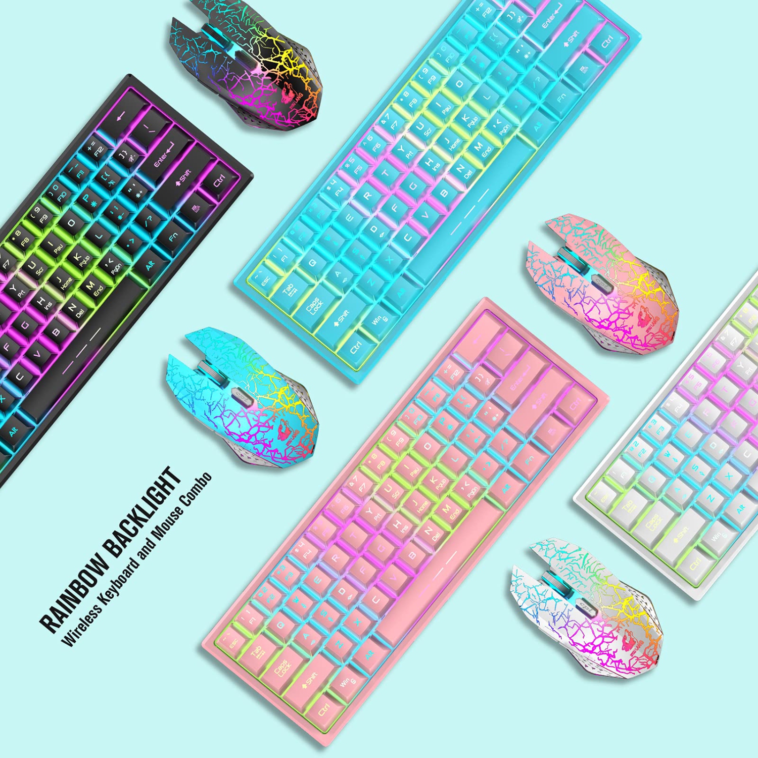 60% Wireless Gaming Keyboard and Mouse Combo with Ergonomic 61 Key Rainbow LED Backlight Anti-ghosting Mechanical Feel Recha