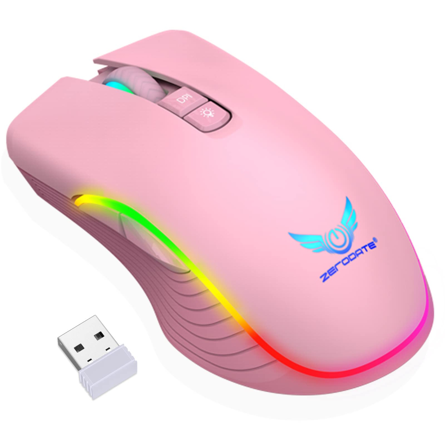 Rechargeable Wireless Gaming Mouse, RGB LED Backlit Mouse with 4 Adjustable DPI, 7 Button, 2.4G USB Optical Gaming Ergonomic