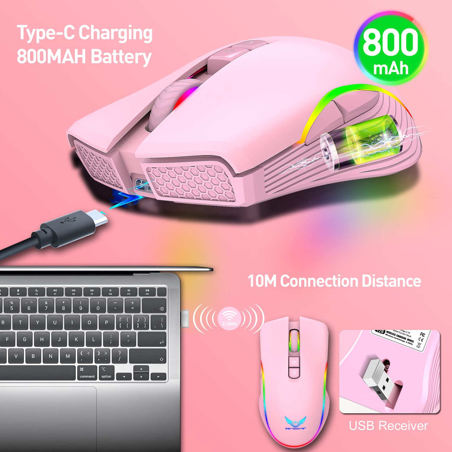 Rechargeable Wireless Gaming Mouse, RGB LED Backlit Mouse with 4 Adjustable DPI, 7 Button, 2.4G USB Optical Gaming Ergonomic