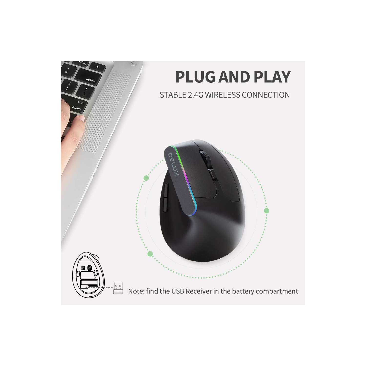 DELUX Wireless Ergonomic Vertical Mouse with 1600DPI, 2.4G Wireless Optical Mouse with USB Receiver, 6 Buttons, Ergo 57 Degr