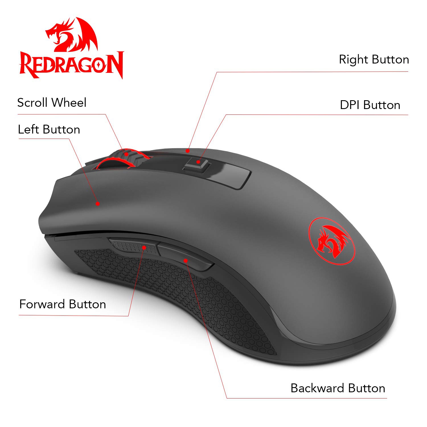 Redragon – Souris optique sans fil M652 à 2,4 GHz avec récepteur USB, 2400 ppp pour le jeu portatif et la souris de bureau, 5 niveaux de ppp réglables