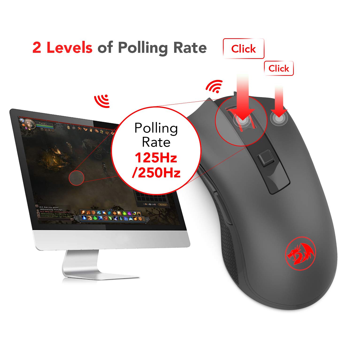Redragon – Souris optique sans fil M652 à 2,4 GHz avec récepteur USB, 2400 ppp pour le jeu portatif et la souris de bureau, 5 niveaux de ppp réglables