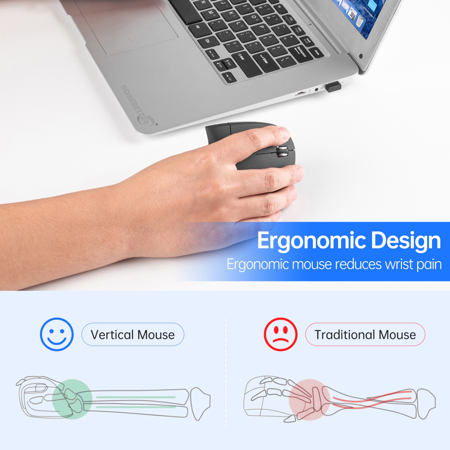 Souris verticale ergonomique rechargeable pour droitier | Sans fil Bluetooth 5,1 et 2,4 G | Chargement rapide USB-C | Niveaux 3&nbsp;ppp