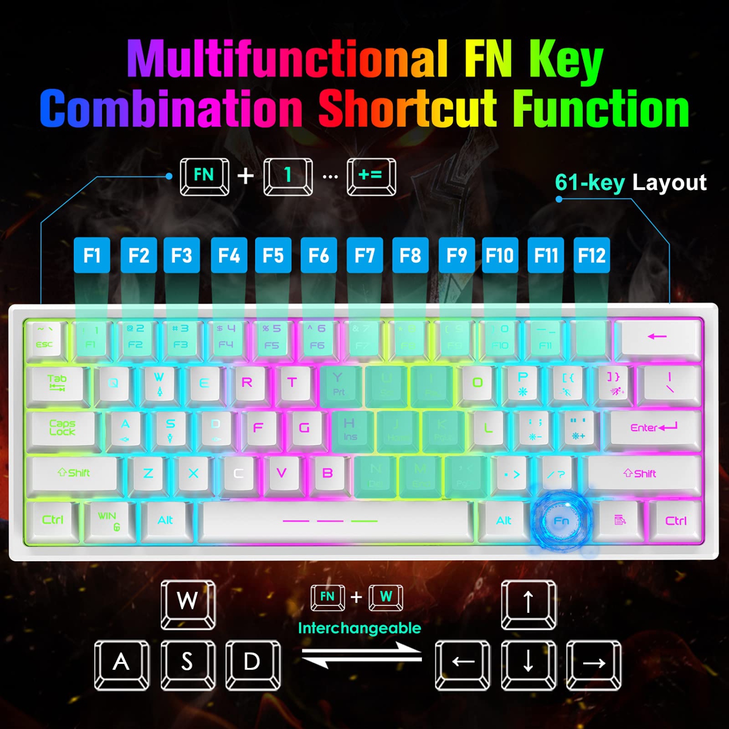 Ensemble clavier et souris de jeu sans fil à 60 % avec clavier ergonomique à 61 touches, rétroéclairage DEL arc-en-ciel, touches mécaniques