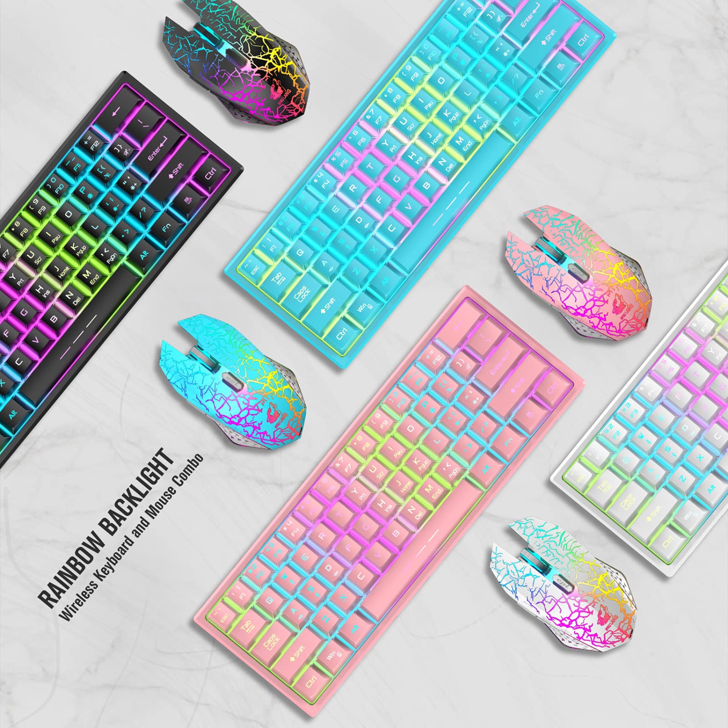 Ensemble clavier et souris de jeu sans fil à 60 % avec clavier ergonomique à 61 touches, rétroéclairage DEL arc-en-ciel, touches mécaniques