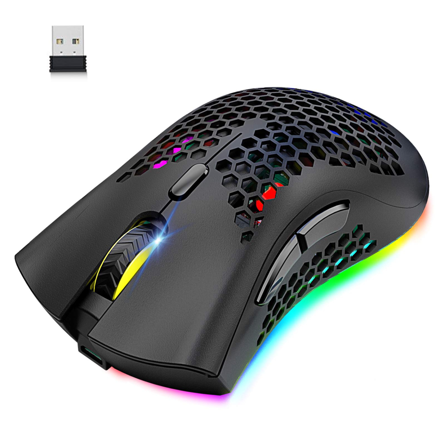 Wireless Lightweight Gaming Mouse Honeycomb with 7 Button Multi RGB Backlit Perforated Ergonomic Shell Optical Sensor Adjust