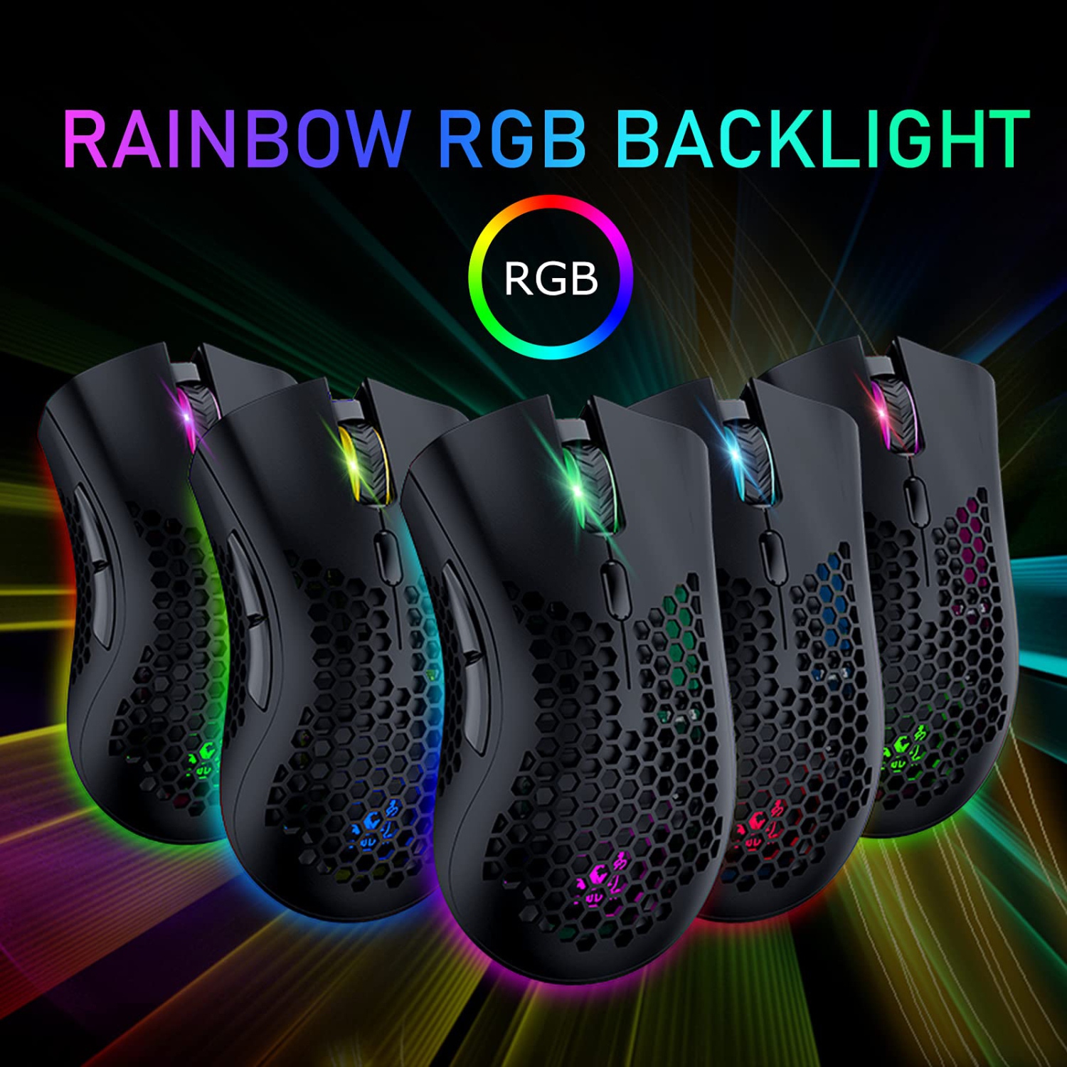 Wireless Lightweight Gaming Mouse Honeycomb with 7 Button Multi RGB Backlit Perforated Ergonomic Shell Optical Sensor Adjust