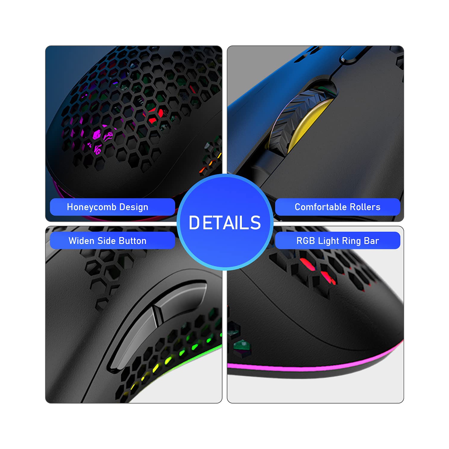 Wireless Lightweight Gaming Mouse Honeycomb with 7 Button Multi RGB Backlit Perforated Ergonomic Shell Optical Sensor Adjust