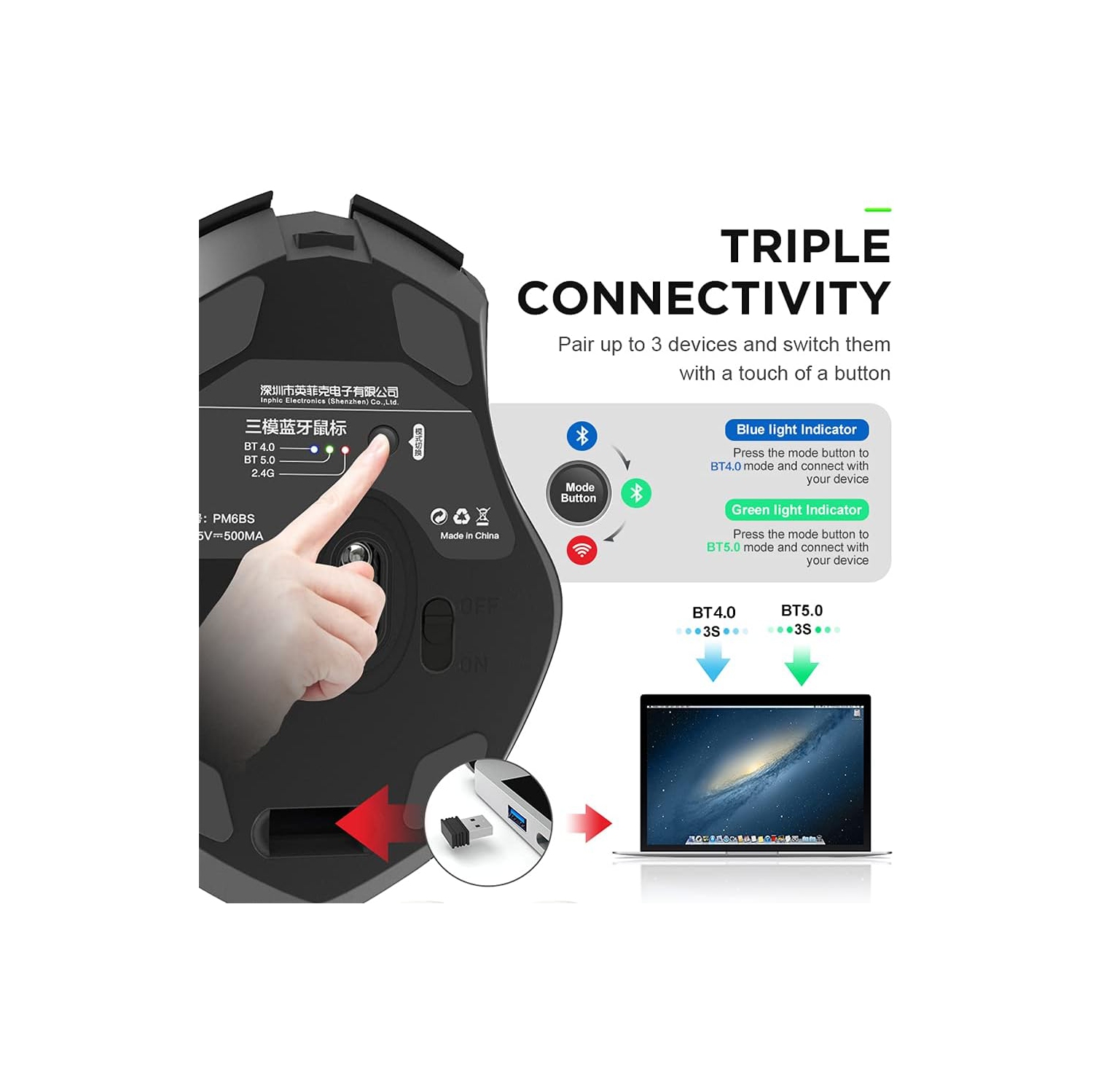 Bluetooth Mouse, Multi-Device Silent Rechargeable Bluetooth Wireless Mouse, 1600DPI Ergonomic Portable Mouse for Laptop Computer,Windows Mac OS