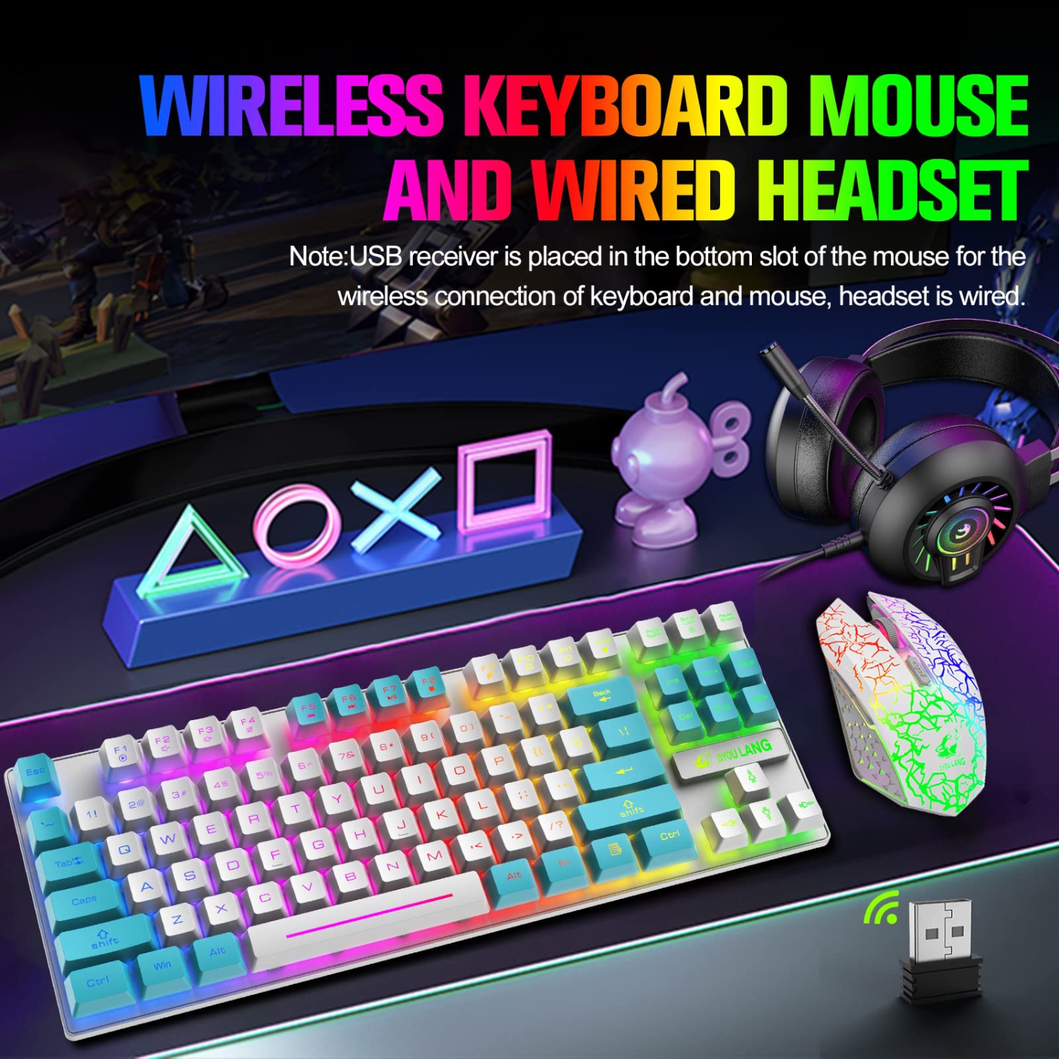 Ensemble clavier et souris de jeu sans fil avec batterie rechargeable longue durée de 3800 mAh à rétroéclairage DEL arc-en-ciel de 87 touches TKL