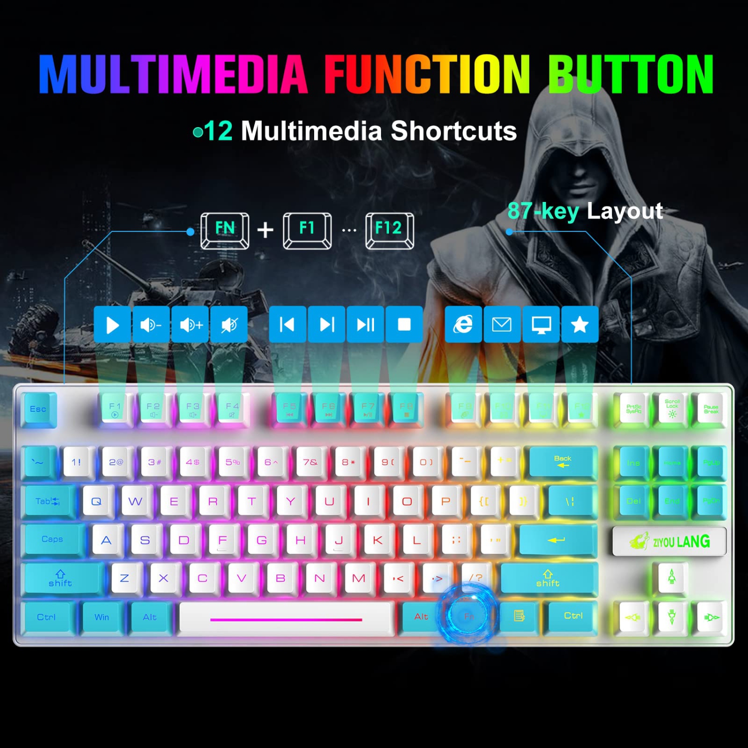 Ensemble clavier et souris de jeu sans fil avec batterie rechargeable longue durée de 3800 mAh à rétroéclairage DEL arc-en-ciel de 87 touches TKL