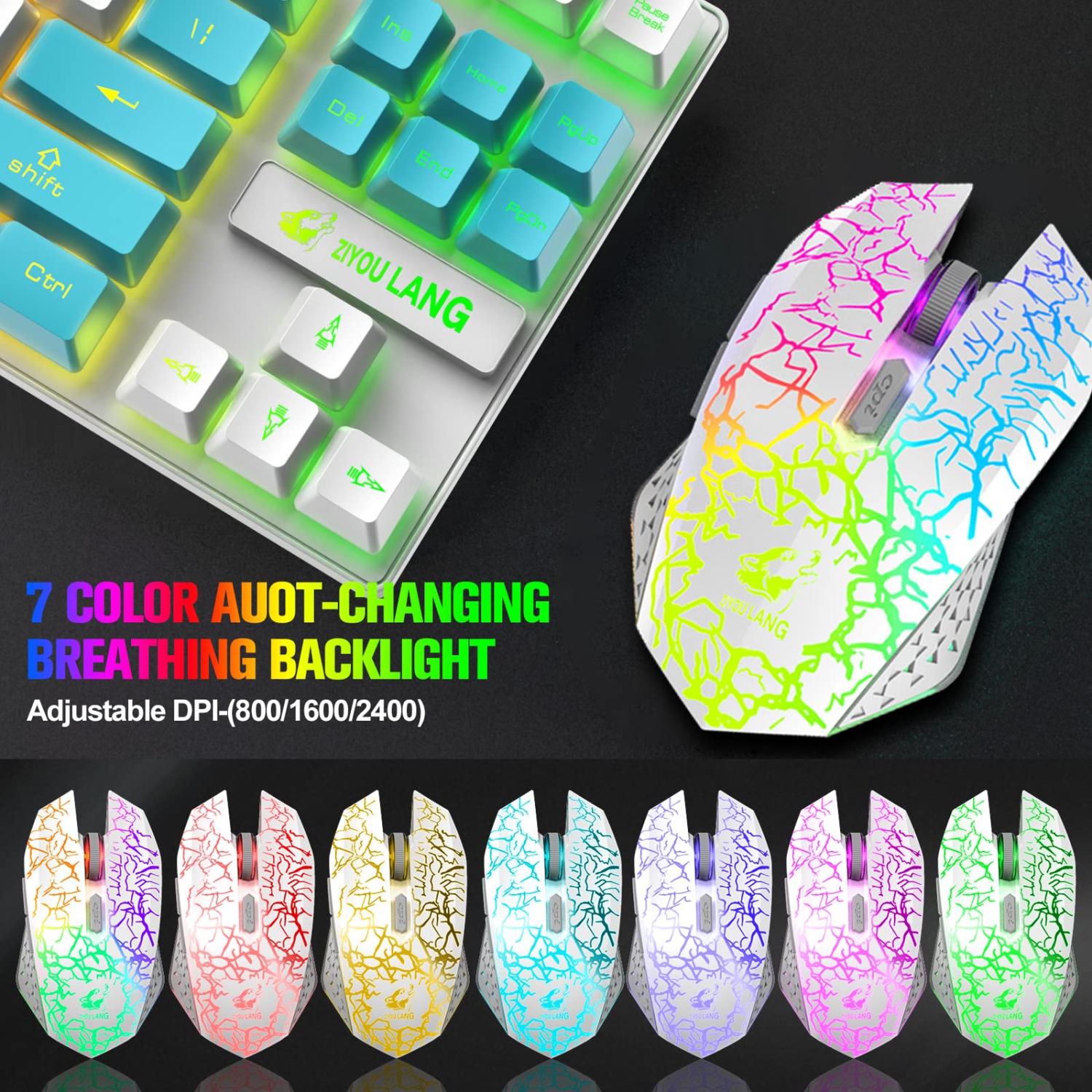 Ensemble clavier et souris de jeu sans fil avec batterie rechargeable longue durée de 3800 mAh à rétroéclairage DEL arc-en-ciel de 87 touches TKL