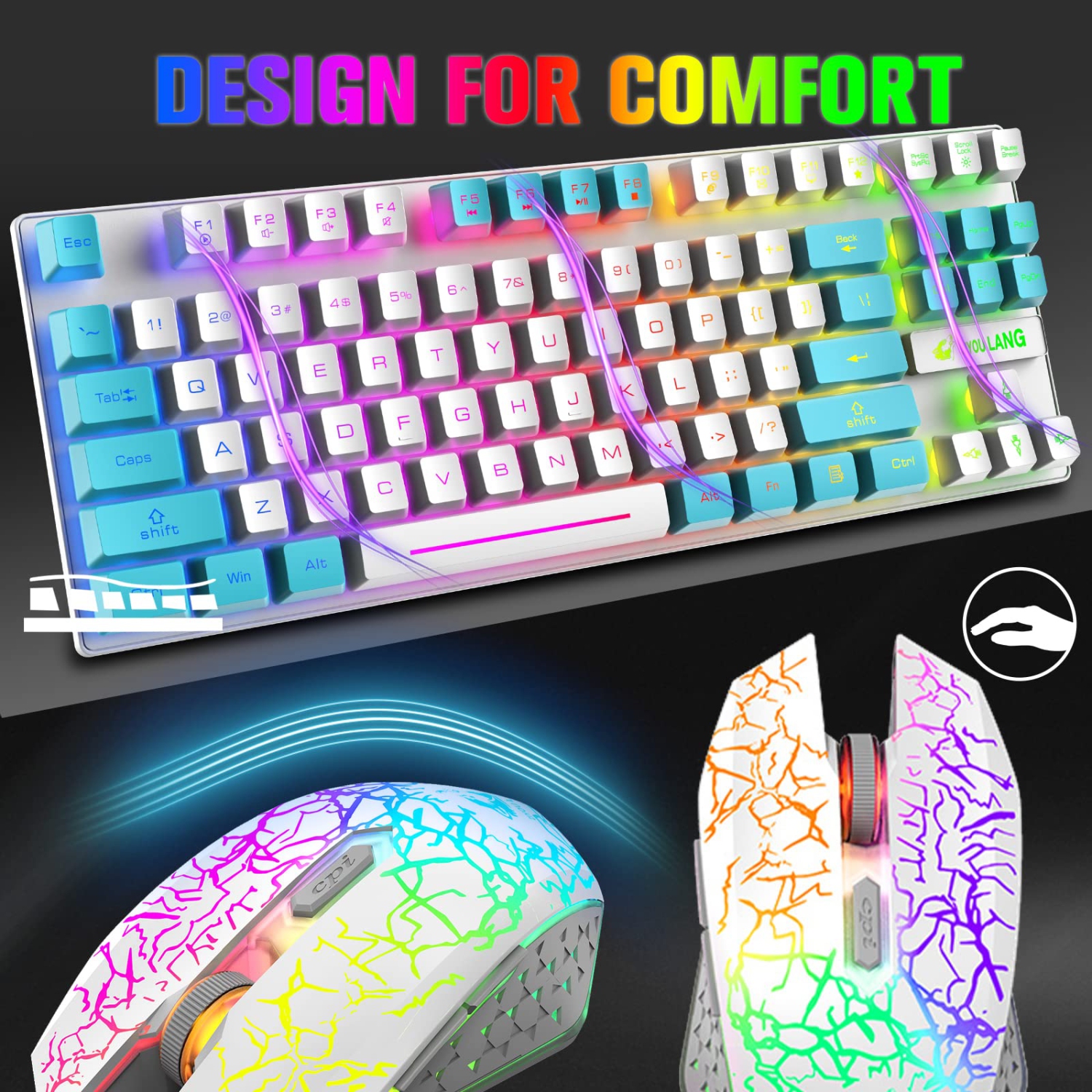 Ensemble clavier et souris de jeu sans fil avec batterie rechargeable longue durée de 3800 mAh à rétroéclairage DEL arc-en-ciel de 87 touches TKL