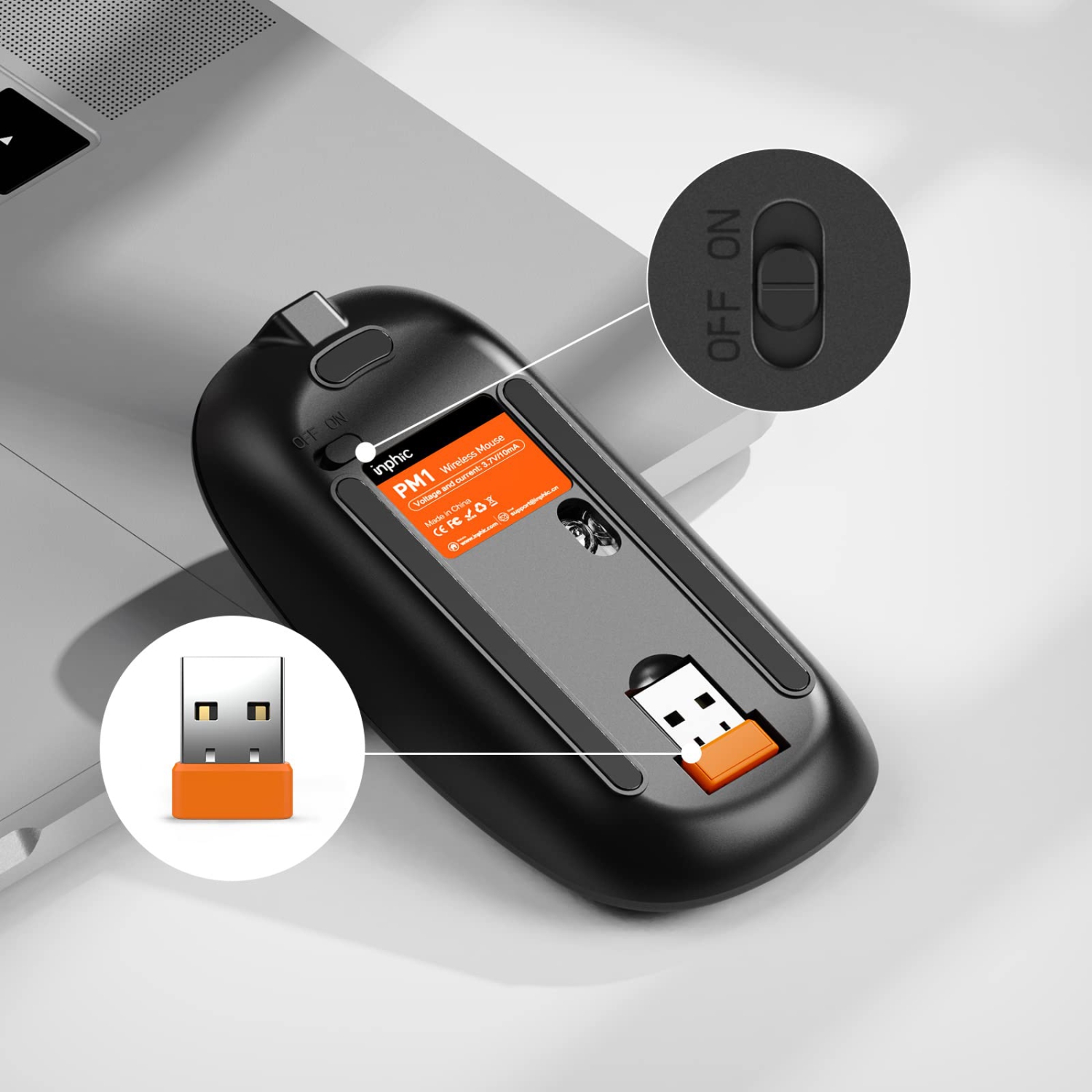 INPHIC Wireless Mouse, Slim Silent Click Rechargeable 2.4G Wireless Mice 1600DPI Mini Optical Portable Travel Cordless Mouse