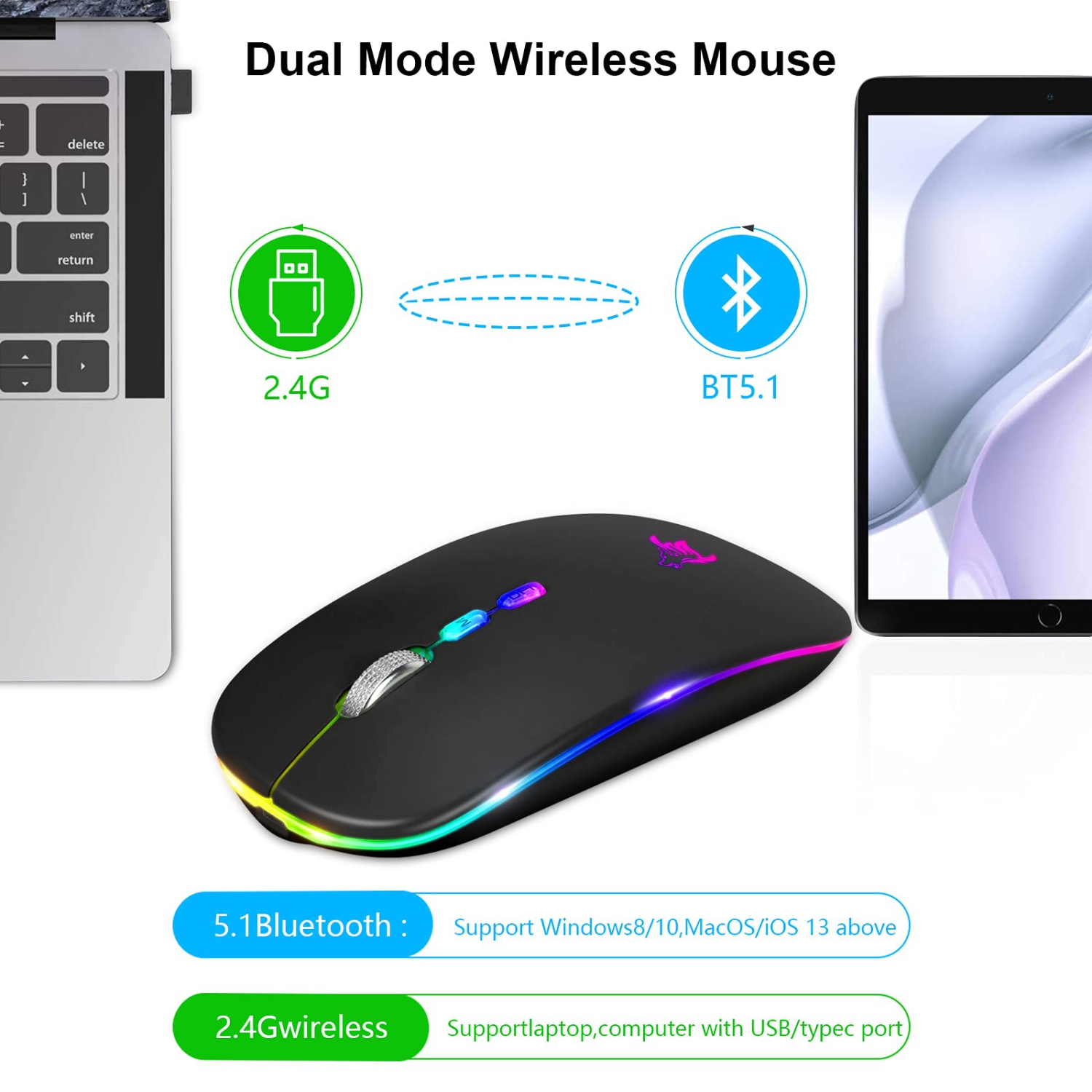 LED Wireless Mouse, Slim Rechargeable Silent Bluetooth Mouse, Portable USB Optical 2.4G Wireless Bluetooth Two Mode Computer