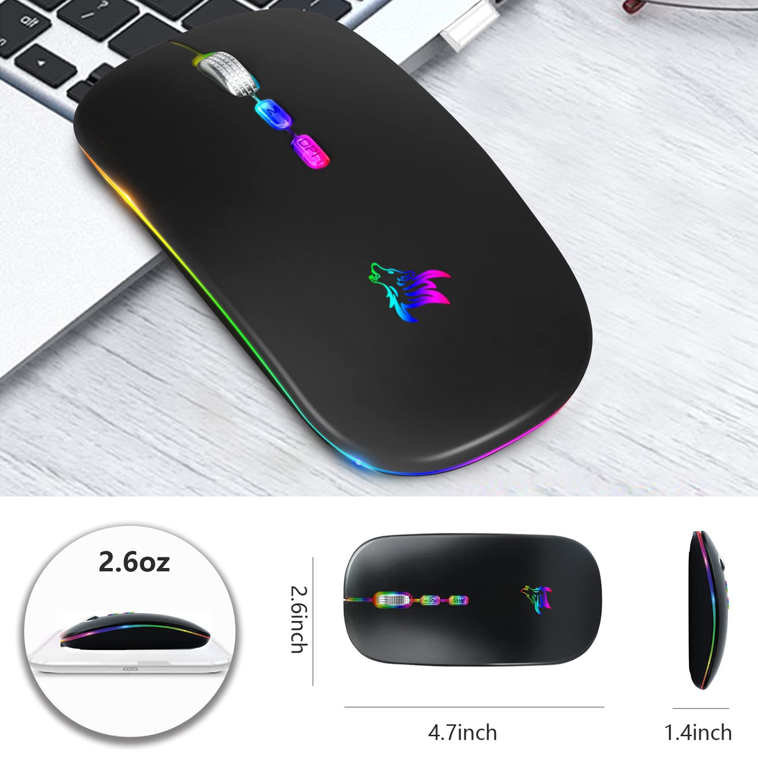 LED Wireless Mouse, Slim Rechargeable Silent Bluetooth Mouse, Portable USB Optical 2.4G Wireless Bluetooth Two Mode Computer