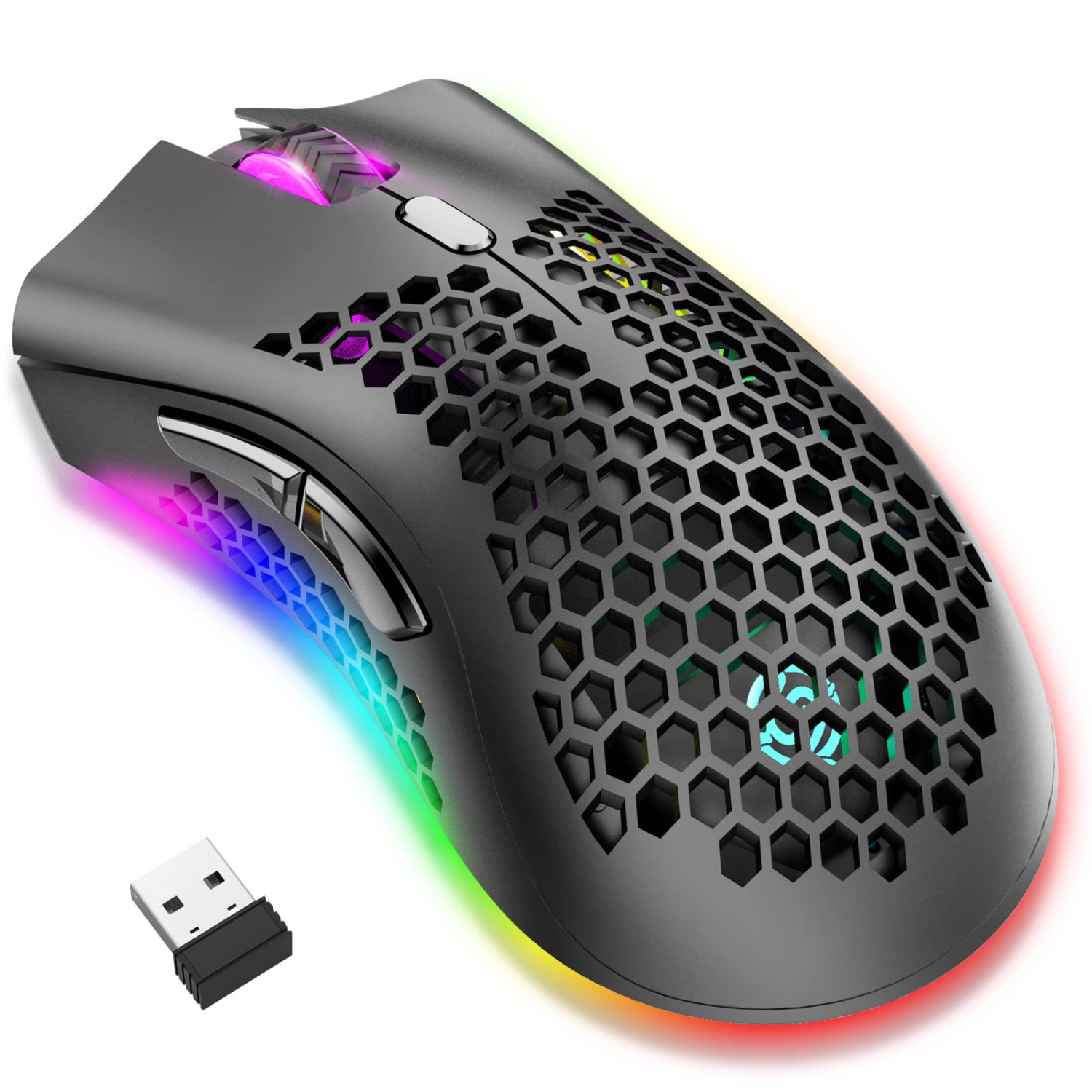 Souris de jeu légère sans fil, légère souris Honeycomb, rétroéclairé RVB, ppp réglables, manette sans fil Bluetooth 2,4 GHz