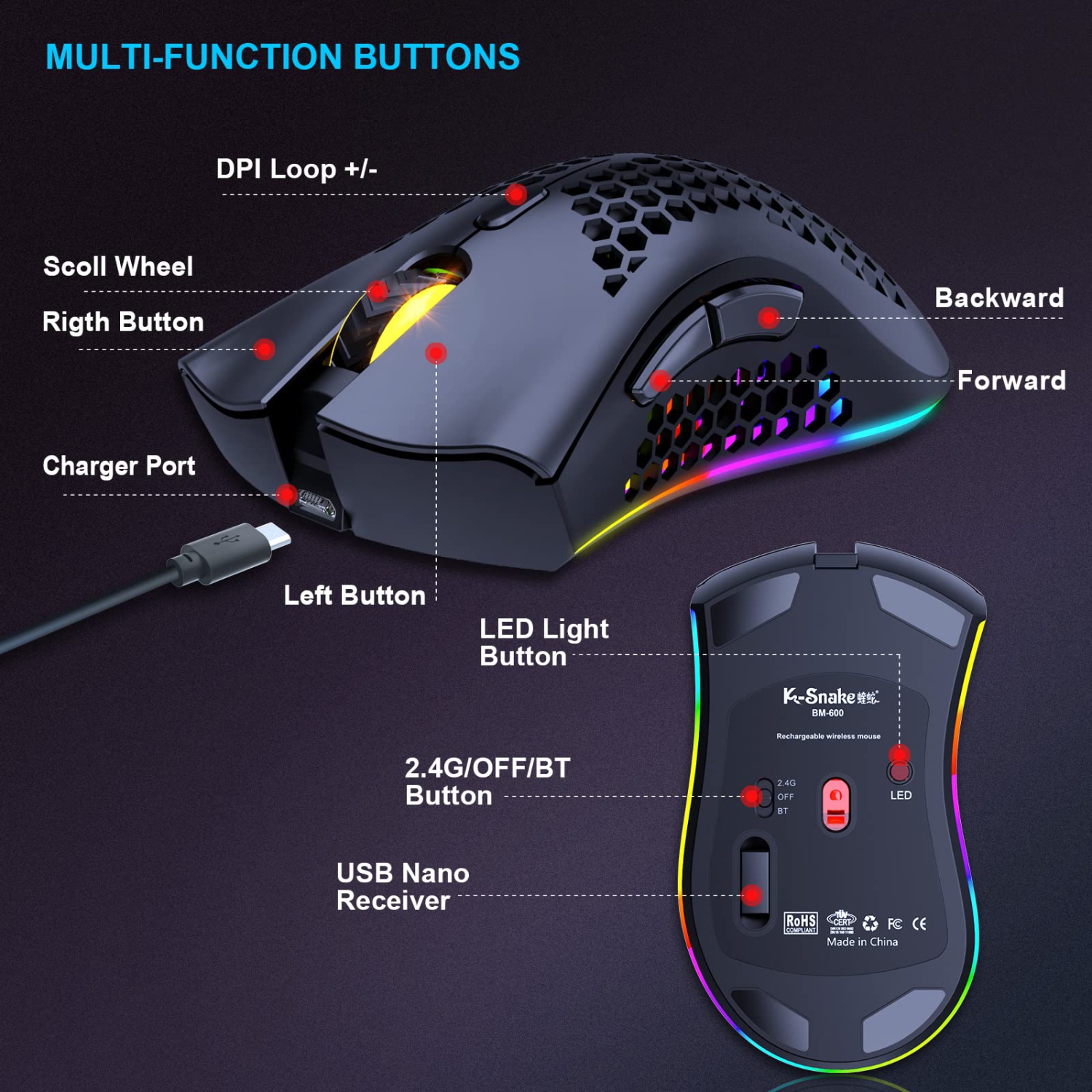 Souris de jeu légère sans fil, légère souris Honeycomb, rétroéclairé RVB, ppp réglables, manette sans fil Bluetooth 2,4 GHz