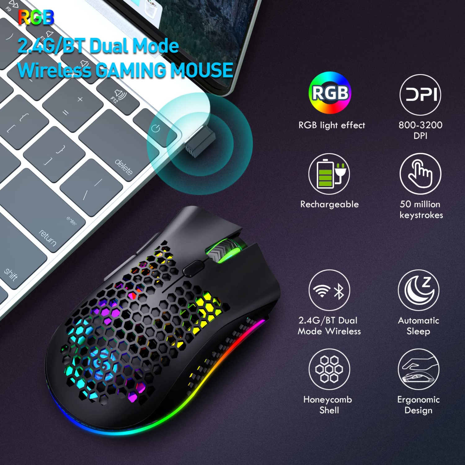 Souris de jeu légère sans fil, légère souris Honeycomb, rétroéclairé RVB, ppp réglables, manette sans fil Bluetooth 2,4 GHz