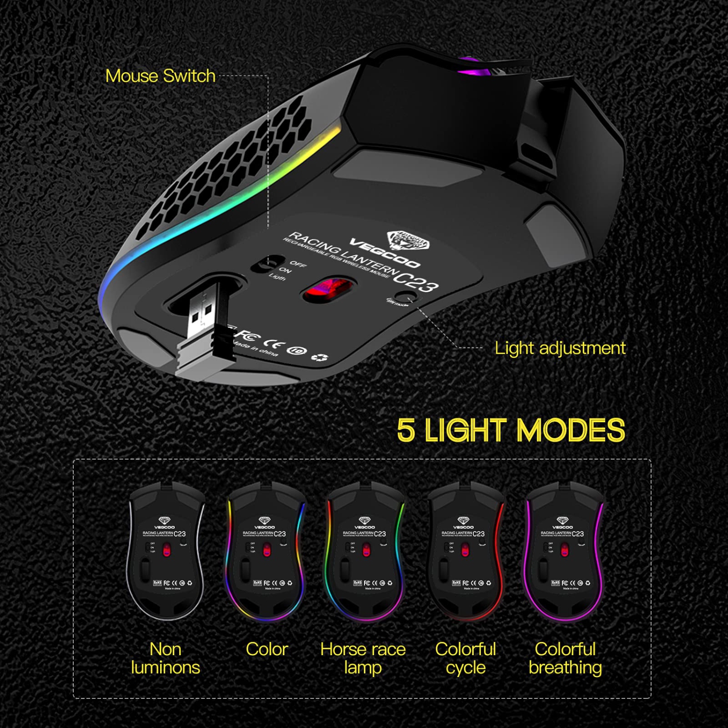 Souris de jeu sans fil rechargeable Honeycomb VEGCOO souris sans fil + éclairage RVB/clic silencieux/ppp ajustable,