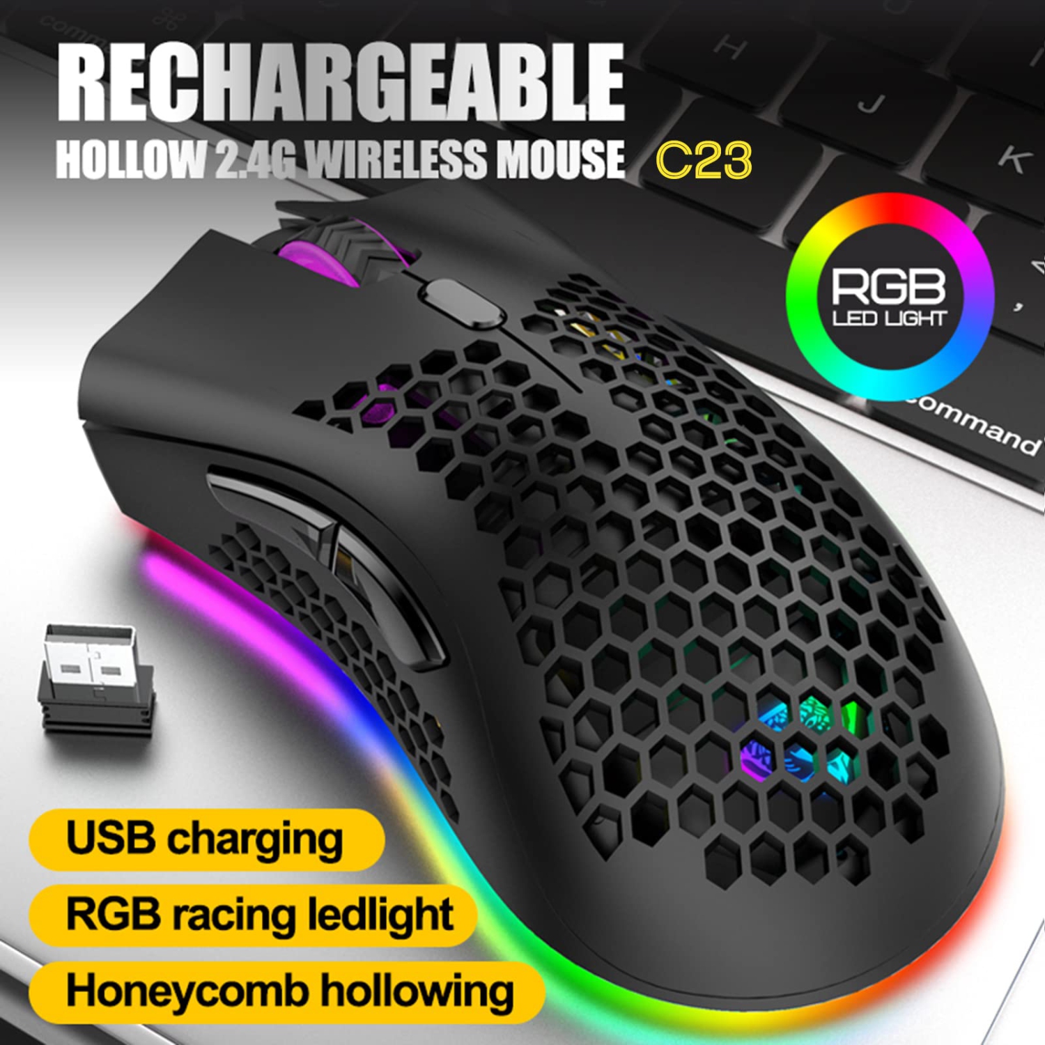 Souris de jeu sans fil rechargeable Honeycomb VEGCOO souris sans fil + éclairage RVB/clic silencieux/ppp ajustable,