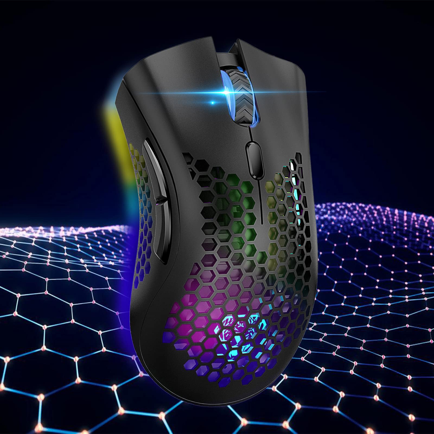 Souris de jeu sans fil rechargeable Honeycomb VEGCOO souris sans fil + éclairage RVB/clic silencieux/ppp ajustable,