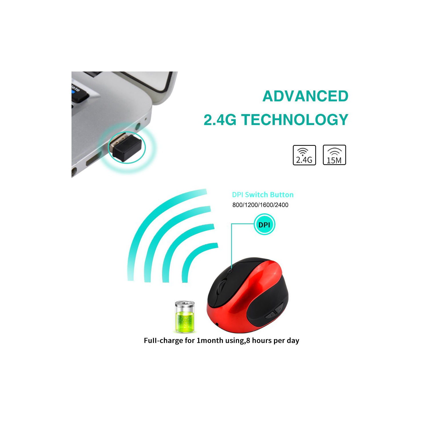 Souris optique verticale sans fil et ergonomique à 2,4 GHz de Viwind avec nanorécepteur, 4 ppp réglables 800/1200/1600/2400, recharge