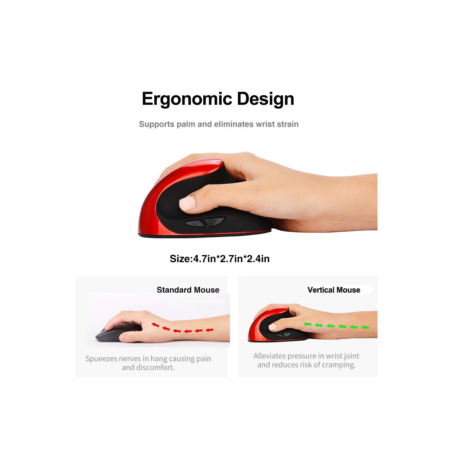 Souris optique verticale sans fil et ergonomique à 2,4 GHz de Viwind avec nanorécepteur, 4 ppp réglables 800/1200/1600/2400, recharge