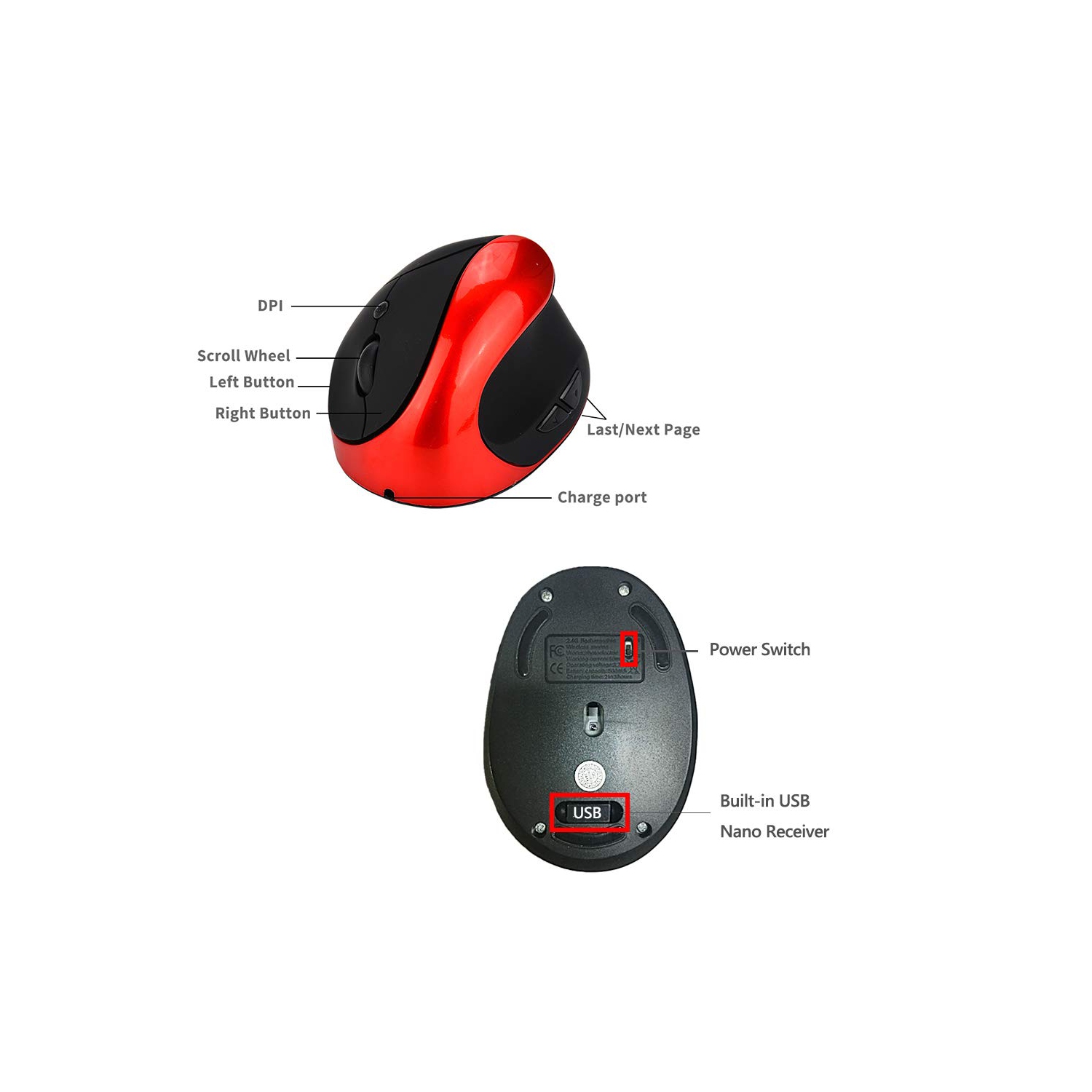 Souris optique verticale sans fil et ergonomique à 2,4 GHz de Viwind avec nanorécepteur, 4 ppp réglables 800/1200/1600/2400, recharge