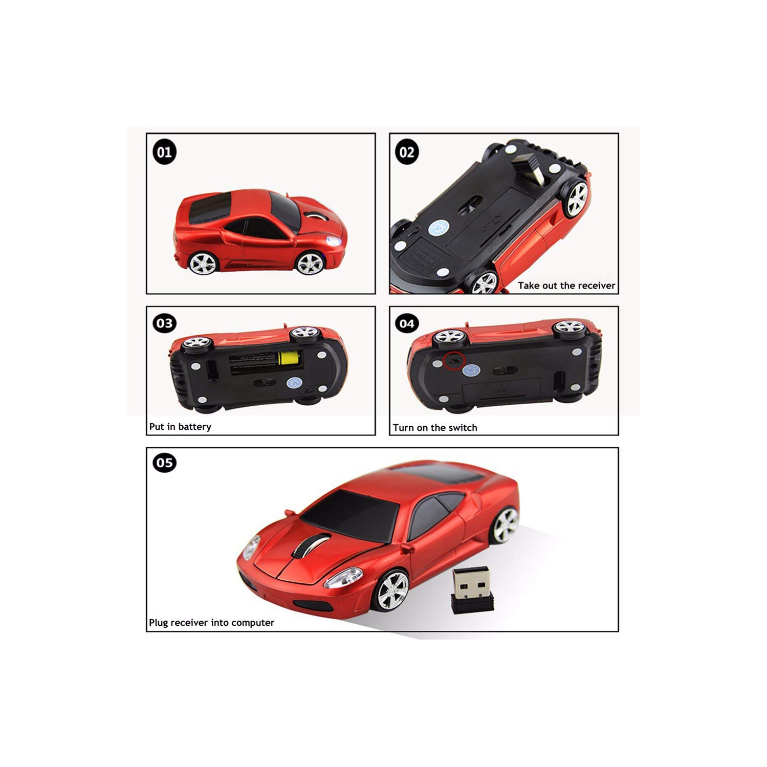 2.4GHz Car Shape Wireless Mouse Optical Cordless Mice with USB Receiver for PC Laptop Computer 1600 DPI 3 Buttons