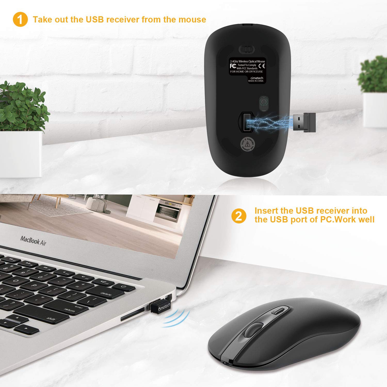 Rechargeable Wireless Mouse for Laptop, Cimetech 2.4G Computer Mouse Cordless Optical Mice, Slim Quiet Wireless Mouse with U