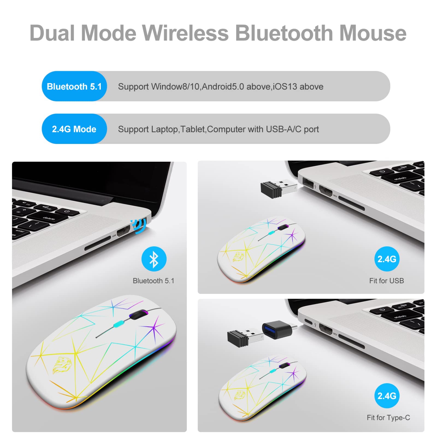 Wireless Mouse,Slim Rechargeable Bluetooth Mouse,Led Dual Mode(Bluetooth 5.1+2.4G) Silent Mouse with USB Receiver and Type C