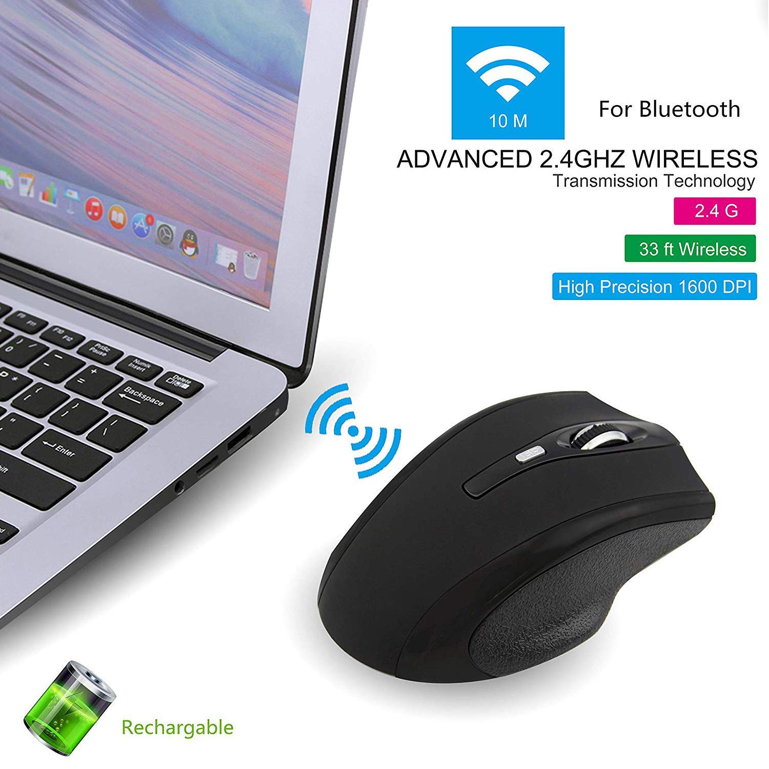 2.4GHz Wireless Bluetooth Mouse, Rechargeable Mute Silent Click Wireless Mouse 1600DPI for Bluetooth Enabled Computer, Lapto