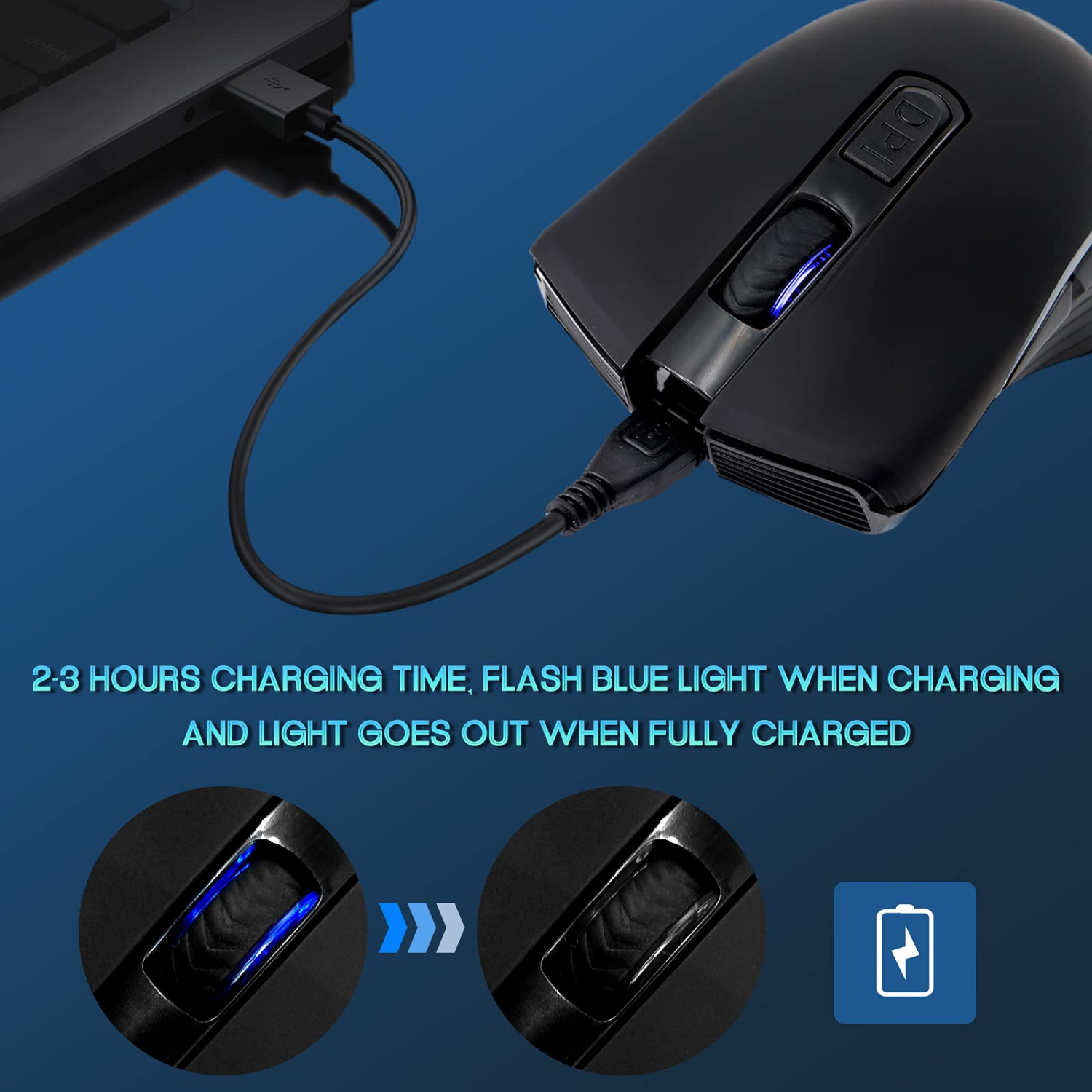 Wireless Gaming Mouse, VEGCOO C8 Silent Click Wireless Rechargeable Mouse with Colorful LED Lights and 2400/1600/1000 DPI fo