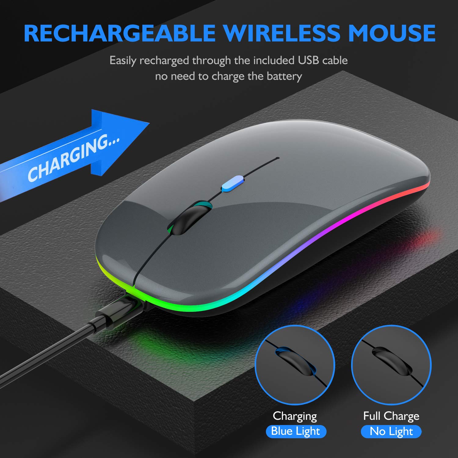 Souris DEL Bluetooth, souris sans fil rechargeable, compatible avec les tablettes Chromebook ordinateur portatif Windows, noir