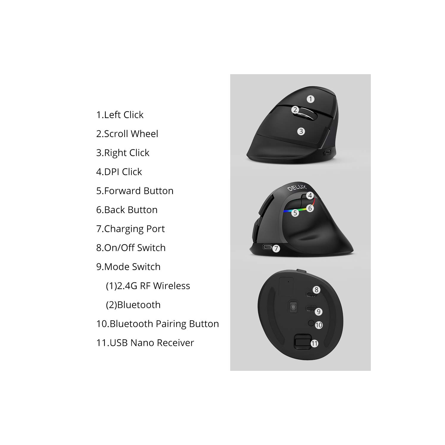DELUX Wireless Vertical Mouse Rechargeable, 2.4G Small Silent Ergonomic Mouse with BT 4.0, 6 Buttons and 4 Gear DPI, RGB Com