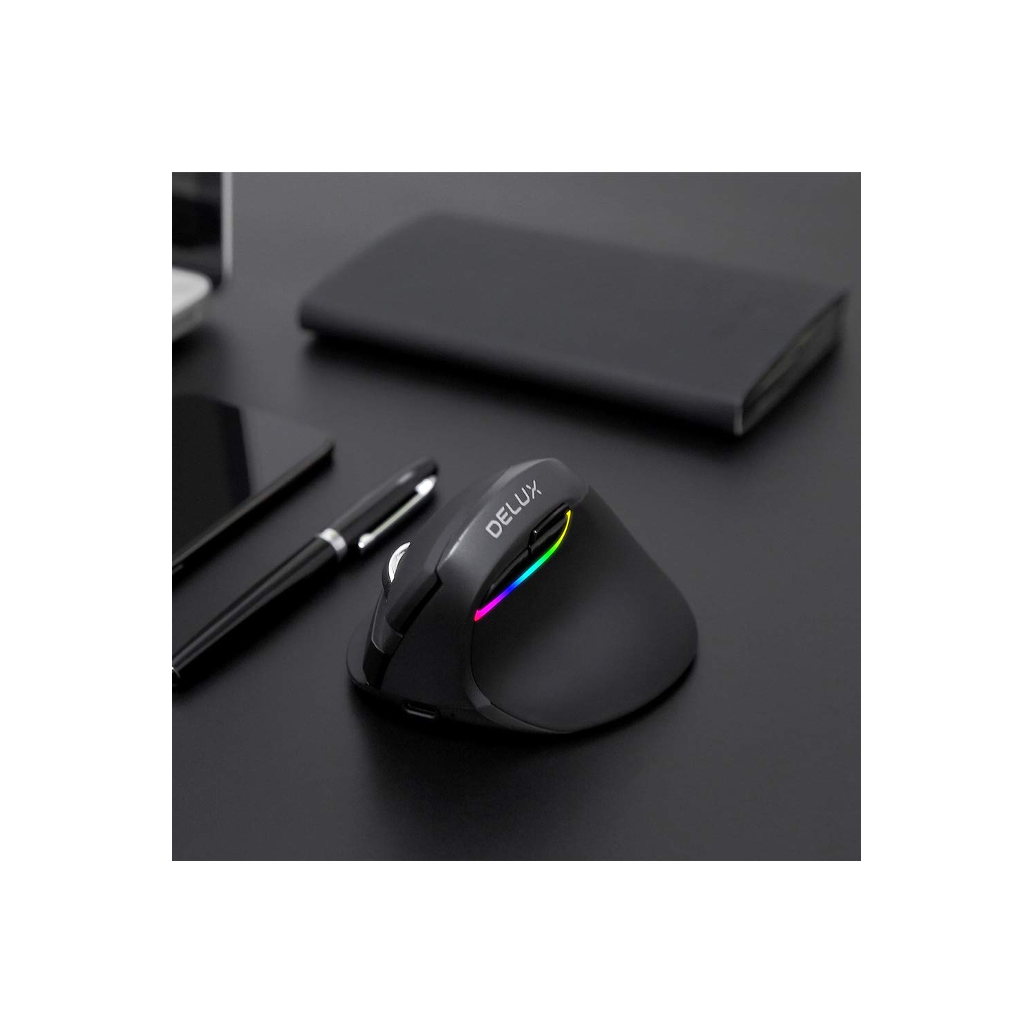 DELUX Wireless Vertical Mouse Rechargeable, 2.4G Small Silent Ergonomic Mouse with BT 4.0, 6 Buttons and 4 Gear DPI, RGB Com