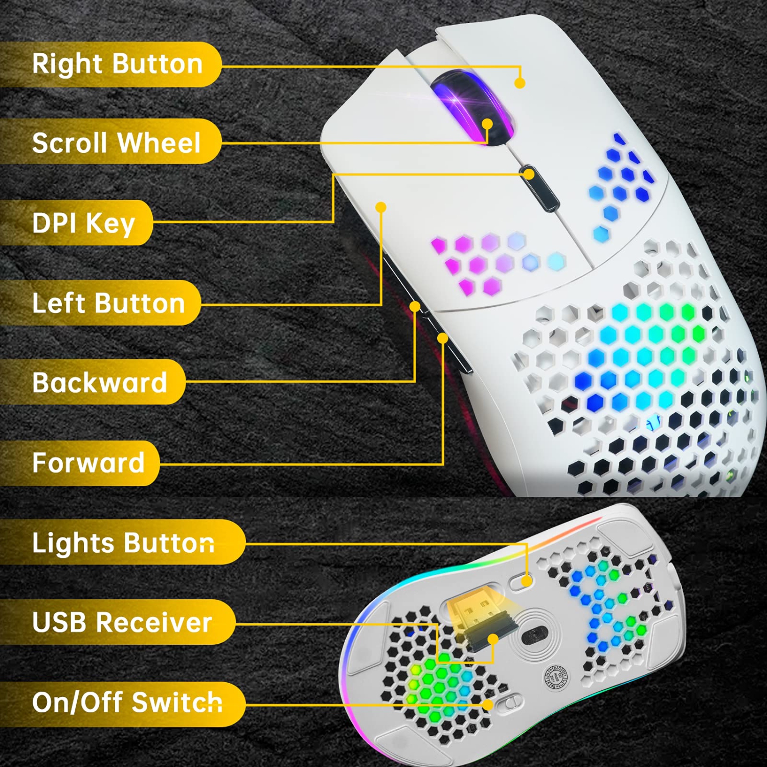 Wireless Gaming Mouse,Computer Mouse with Honeycomb Shell,11 RGB Backlit,3,400 DPI,6 Programmed Buttons,USB Receiver,Power S