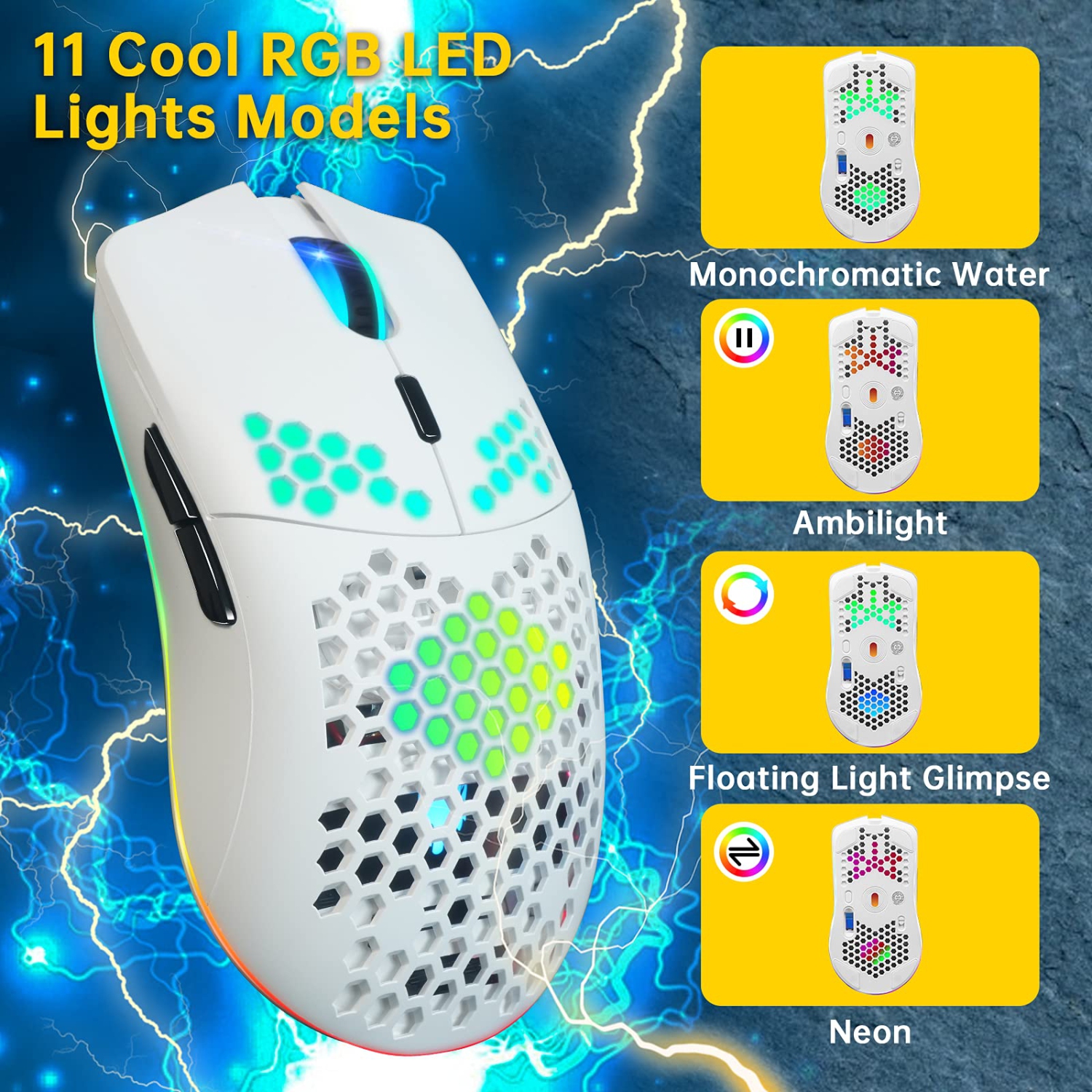 Wireless Gaming Mouse,Computer Mouse with Honeycomb Shell,11 RGB Backlit,3,400 DPI,6 Programmed Buttons,USB Receiver,Power S