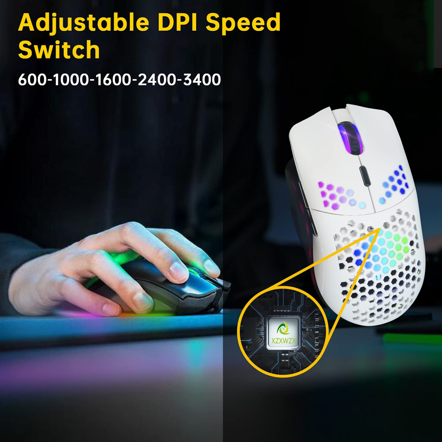 Wireless Gaming Mouse,Computer Mouse with Honeycomb Shell,11 RGB Backlit,3,400 DPI,6 Programmed Buttons,USB Receiver,Power S
