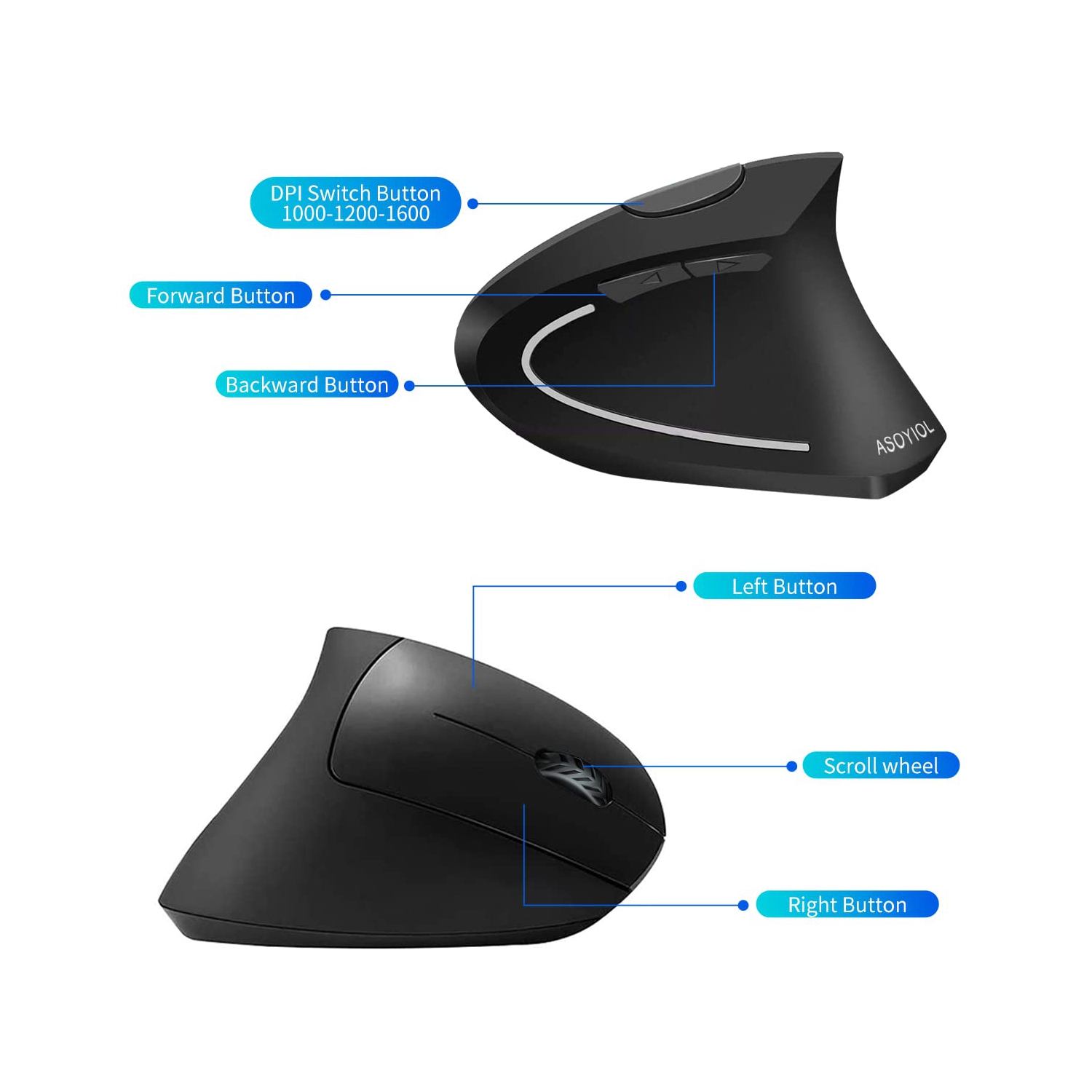 2.4G Wireless Ergonomic Vertical Mouse, DOOMIER Rechargeable Ergonomic Vertical Cordless Optical Mice with USB Receiver, 6 B